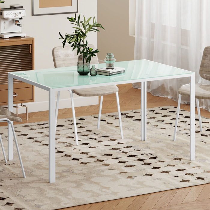 Mesa de Comedor de Cristal, Mesa Rectangular para 6 Personas con Patas de Metal, para Cocina, Salón, 140x80x75 cm, Blanco