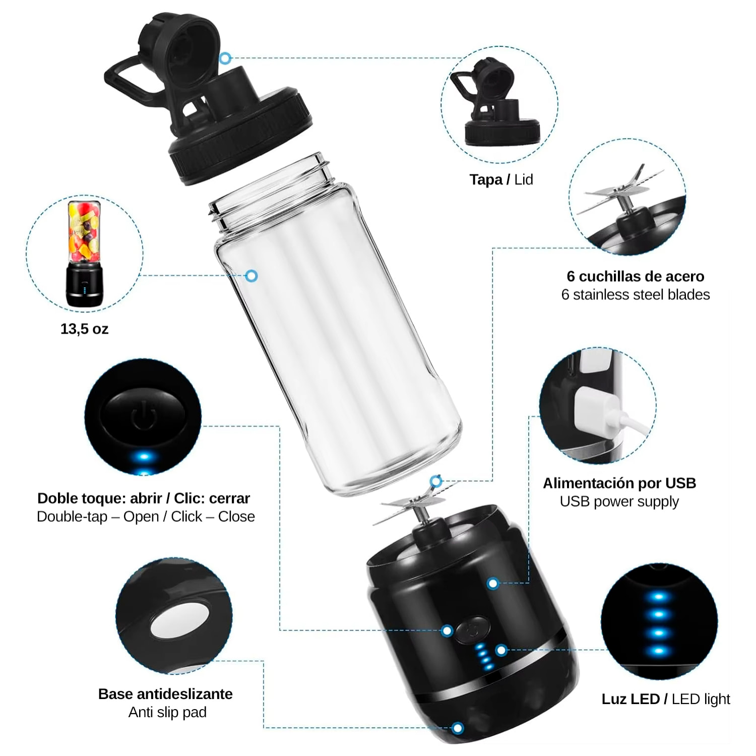 Batidora portátil HD-03-02 con 2 vasos de 420 ml con potente motor de 240W y batería recargable de 4000mAh.