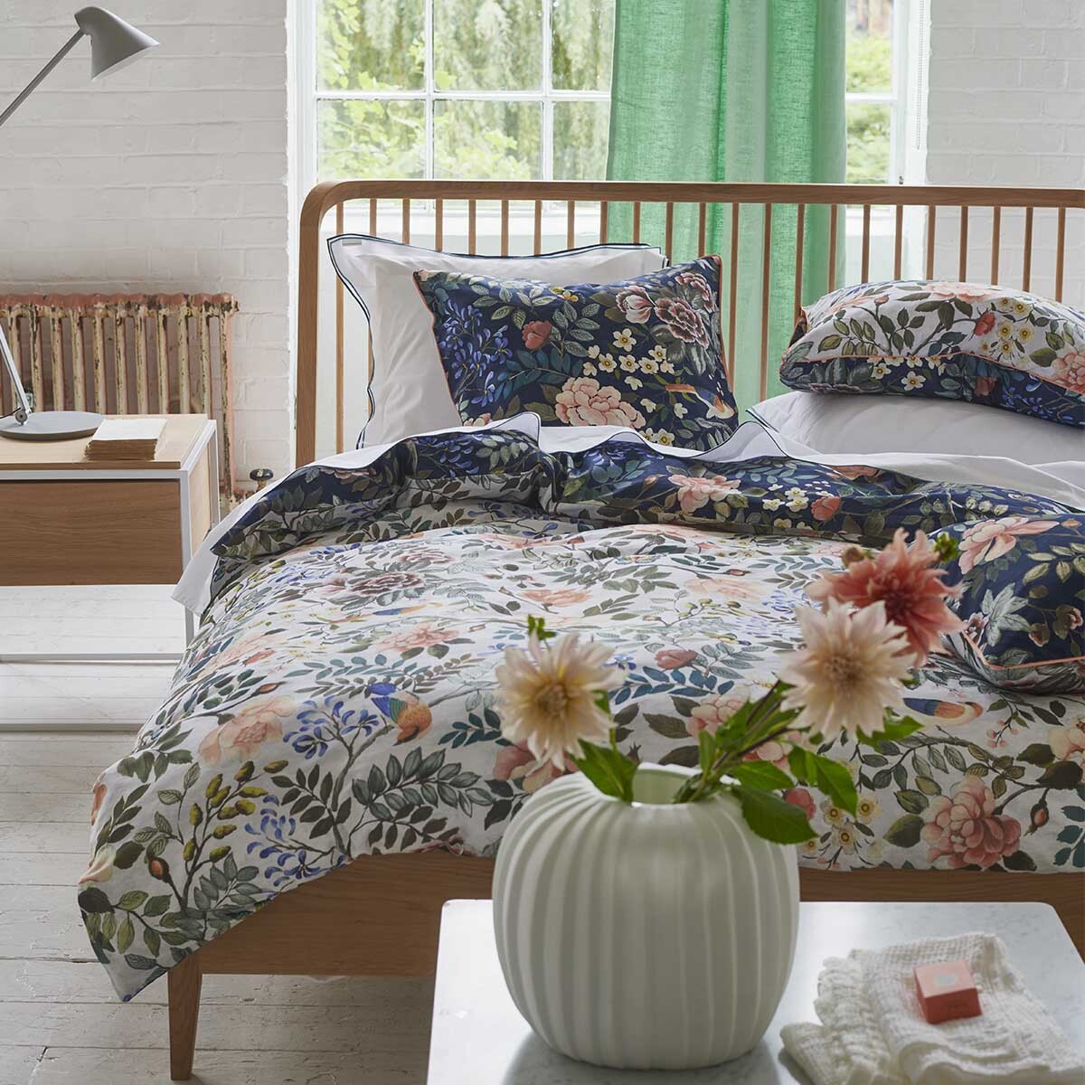 Housse de couette imprimée en satin de coton, PORCELAIN DE CHINE, Bleu Midnight