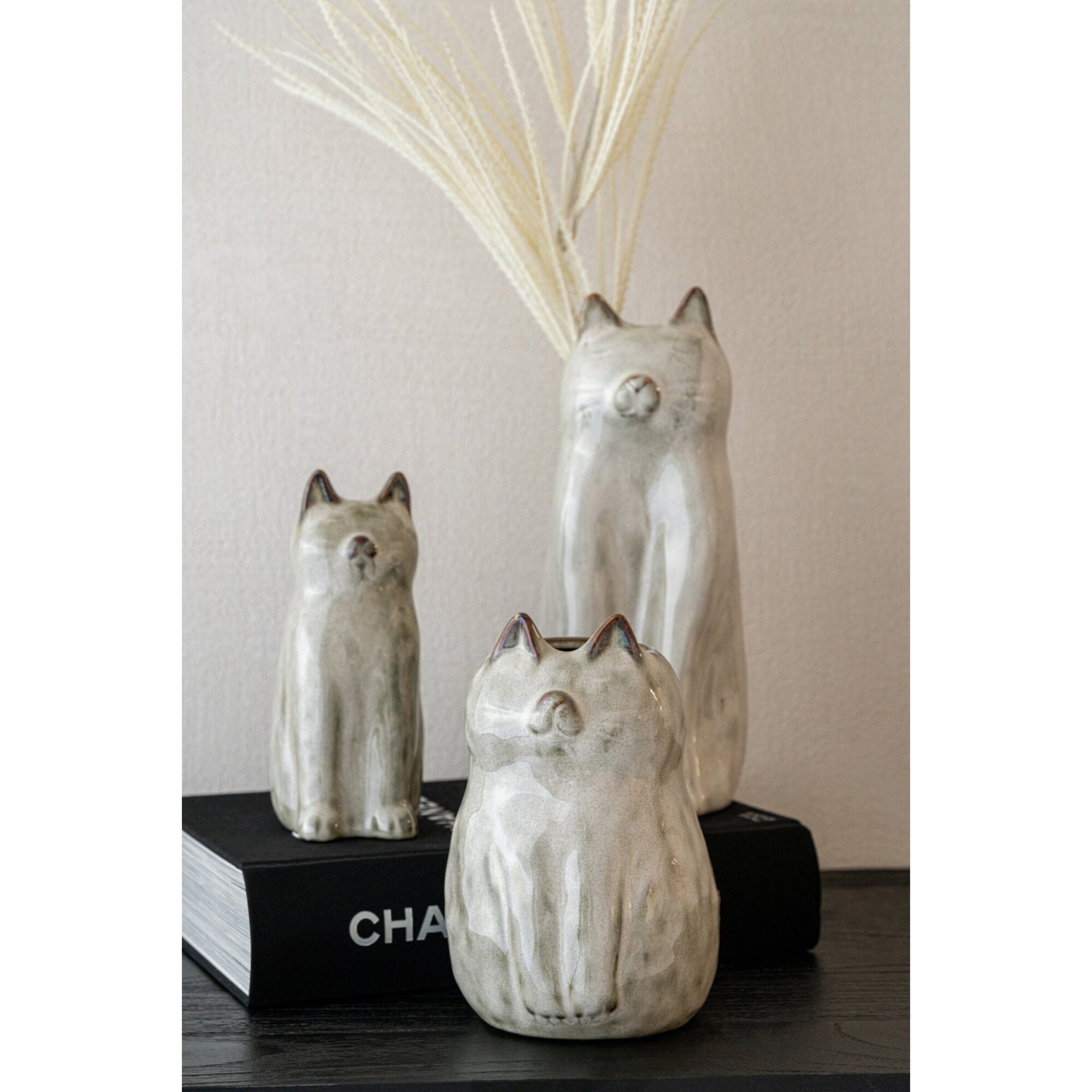 J-Line Vase chat - porcelaine - gris vert - small