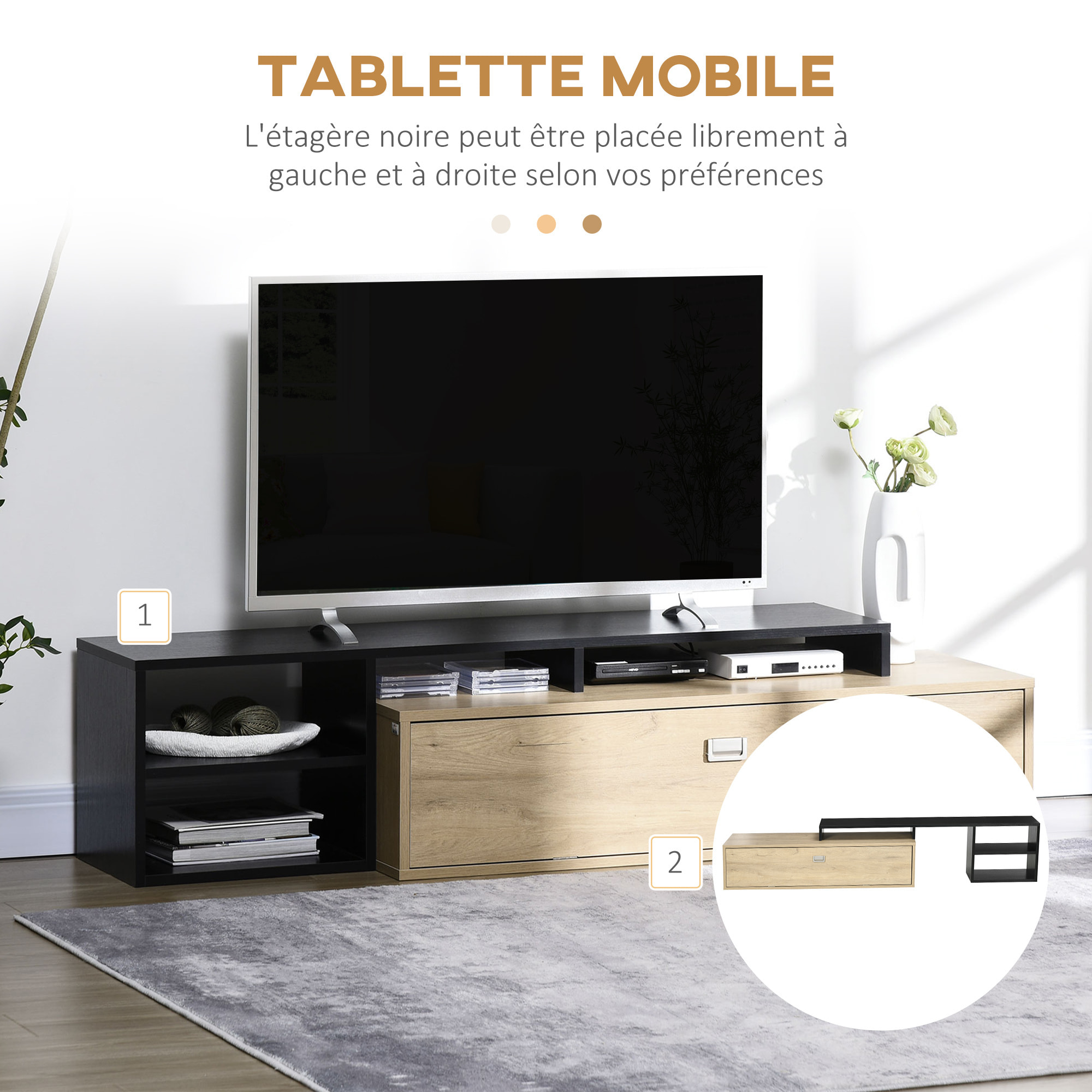 Meuble TV réversible design contemporain porte abattante 2 compartiments 4 niches MDF aspect chêne clair noir