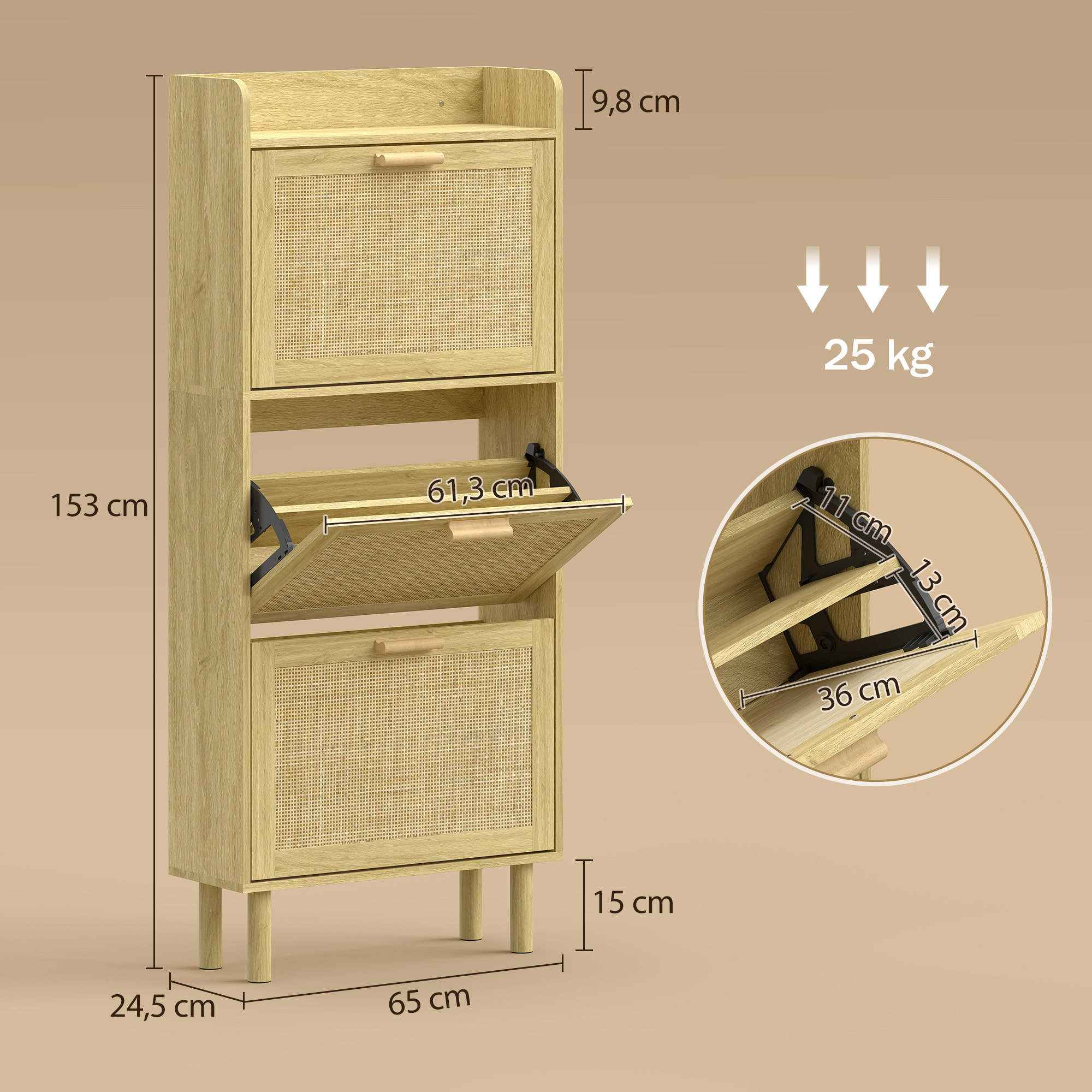 Meuble à chaussures style bohème chic - 3 portes abattantes, étagère - cannage rotin aspect bois clair