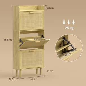 Meuble à chaussures style bohème chic - 3 portes abattantes, étagère - cannage rotin aspect bois clair