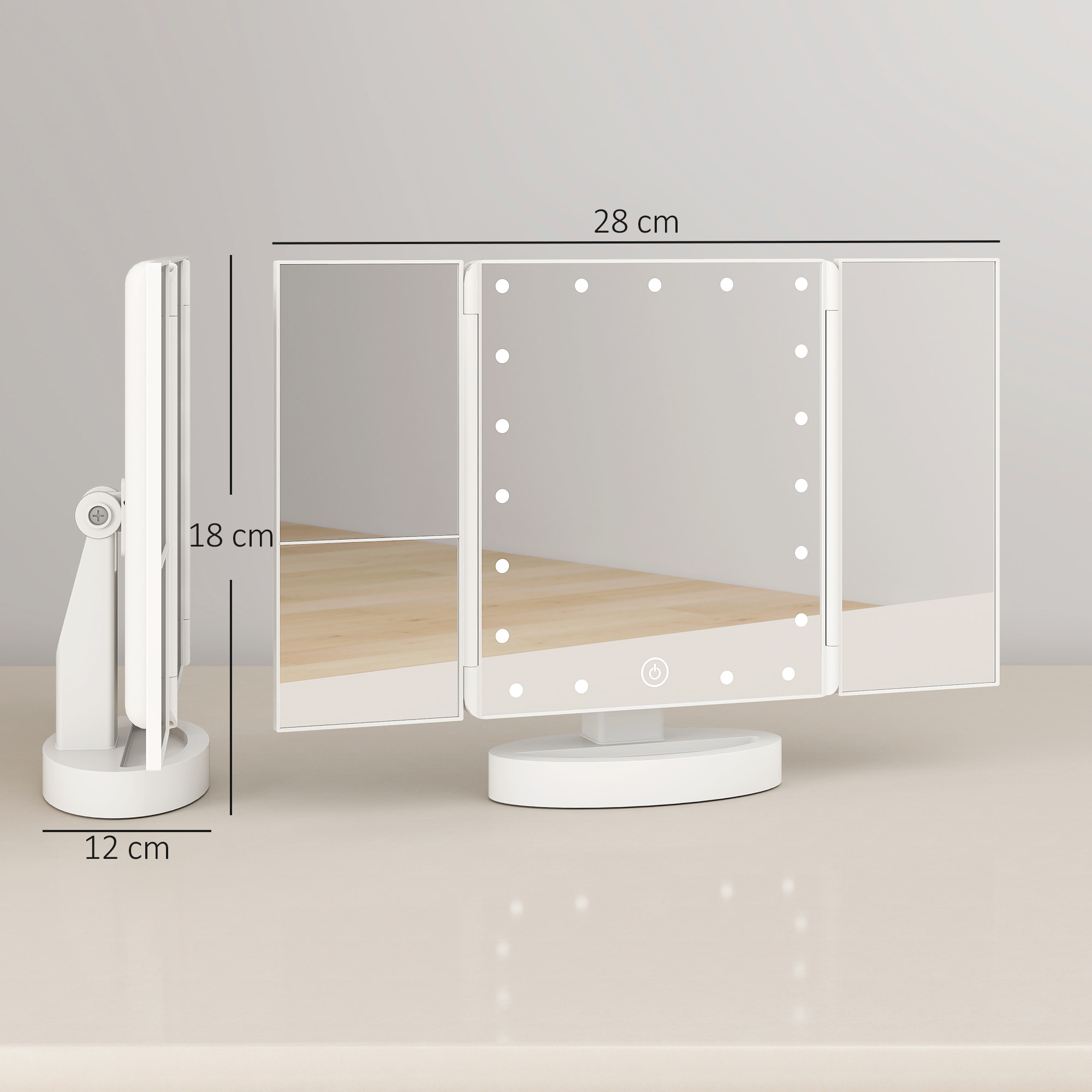 Espejo Maquillaje con Luz, Espejo Tocador Triple, con Aumento 1X/2X/3X, Rotación Libre de 180°, 21 Luces LED, Interruptor Táctil, Fuente de Alimentación Dual, Blanco