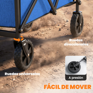 Carro Playa con Ruedas, Carro de Jardín Plegable con Mango Ajustable, Marco de Metal, Carga 68 kg, Carrito Transporte para Todo Terreno, Jardín, Campaña, Compra, Azul