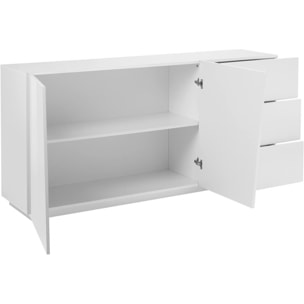 Credenza moderna a 2 ante e 3 cassetti, Made in Italy, Madia da cucina, Buffet di design da soggiorno, cm 180x43h86, colore Bianco lucido