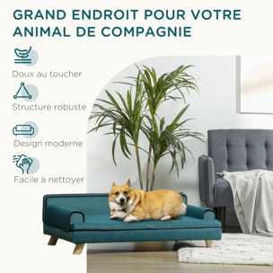 Canapé chien lit pour chien design scandinave coussin moelleux piètement bois dim. 100L x 62l x 32H cm polyester bleu canard