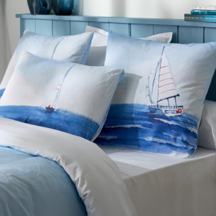 Parure de lit 3 pièces percale de coton voilier marin housse + taies - Bleu