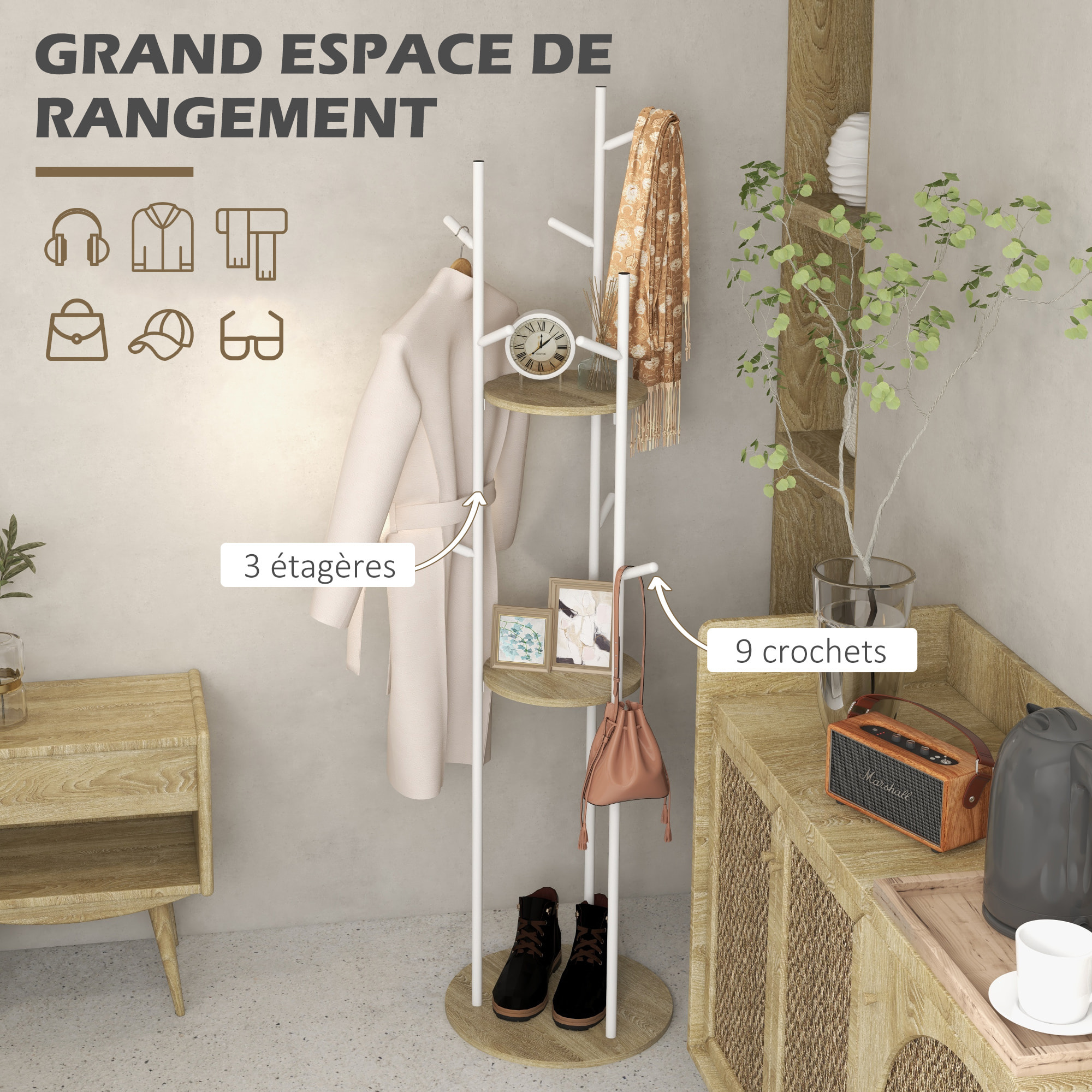 Porte-manteau design contemporain branches 2 étagères 9 patères Ø 40 x 167H cm aspect chêne clair acier blanc