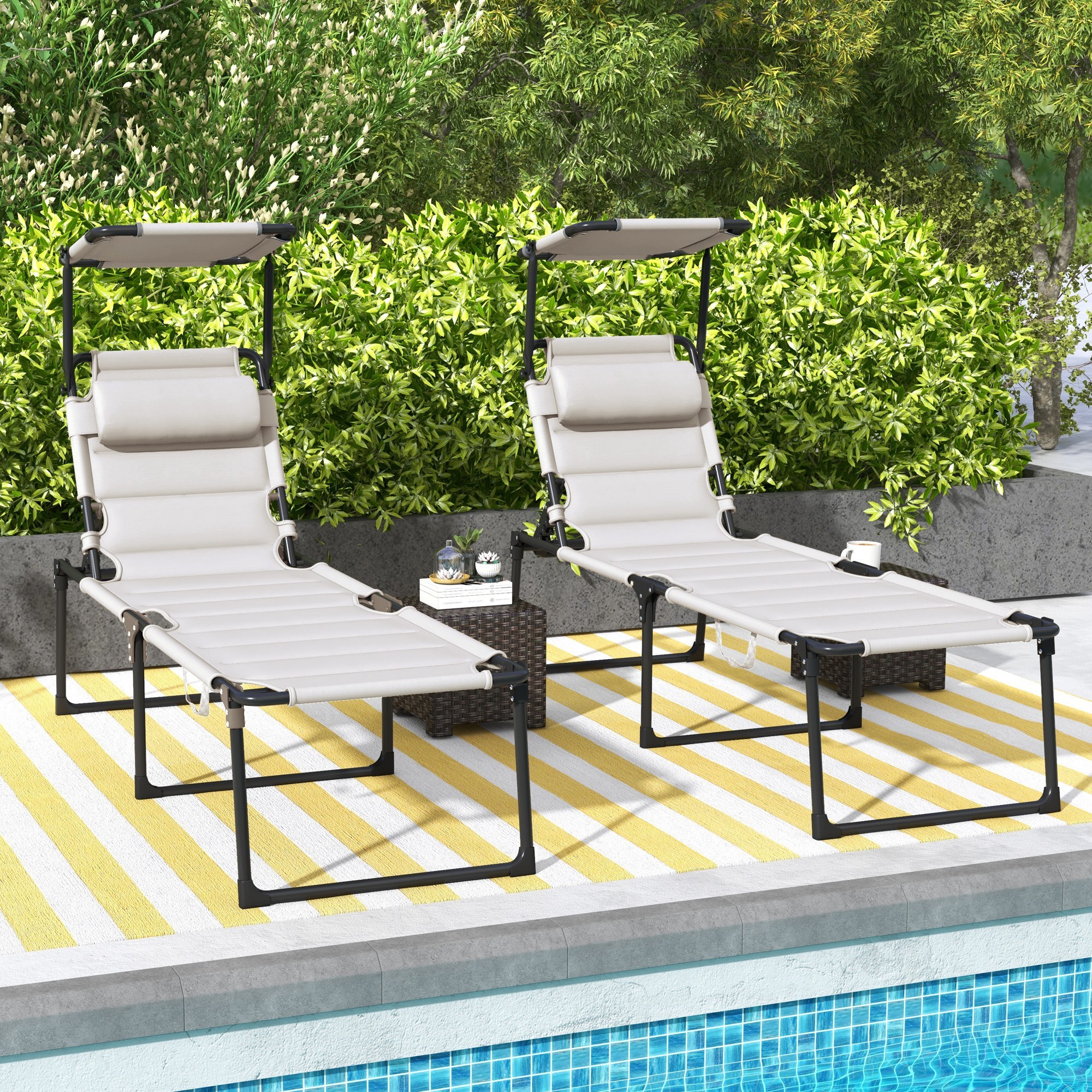 Lot de 2 bains de soleil transats pliables réglables avec pare-soleil blanc cassé