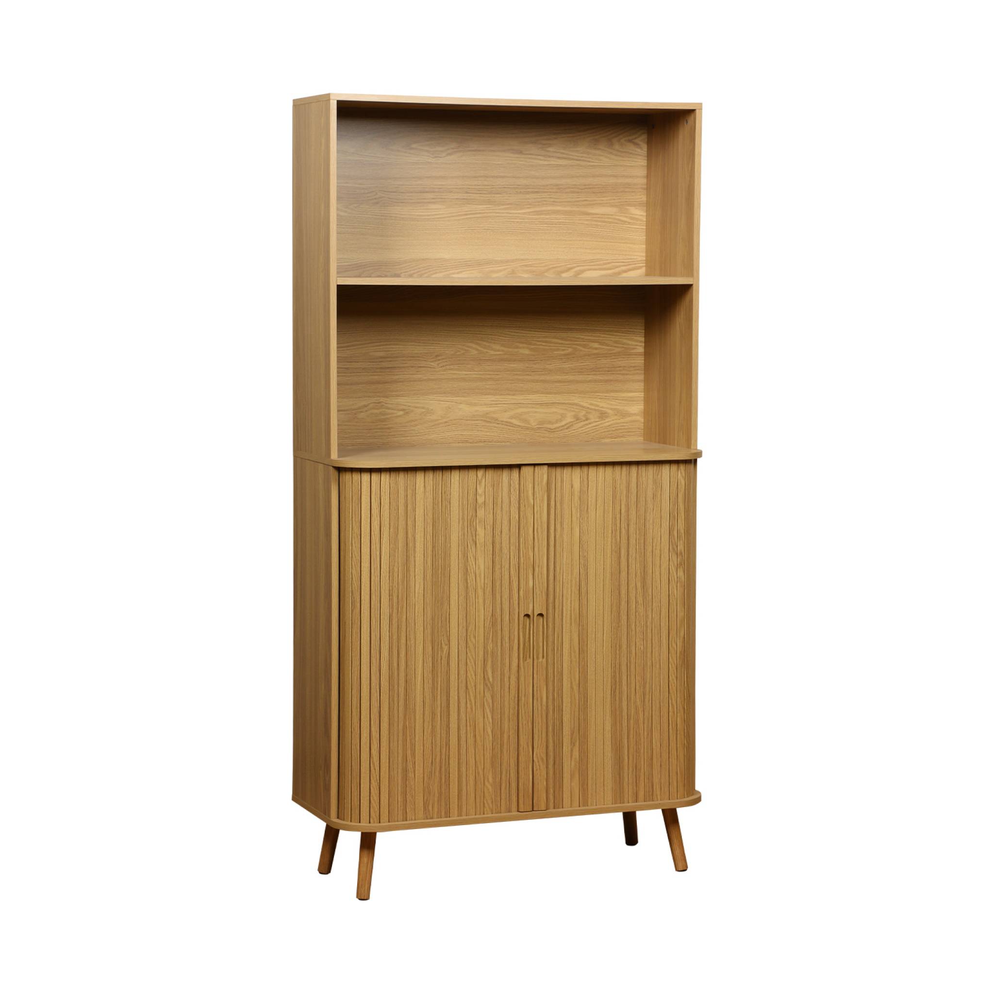 Etagère bibliothèque scandinave. 2 portes coulissantes. 4 niveaux. effet bois rainuré. L 80 x P 45 x H 180cm