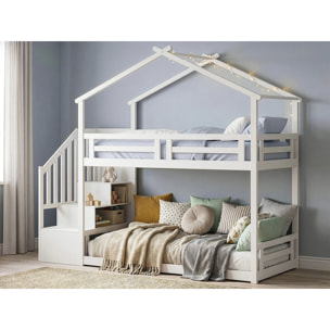 Lit cabane superposé avec escalier en bois "Oriana" - 90 x 190 cm - Beige