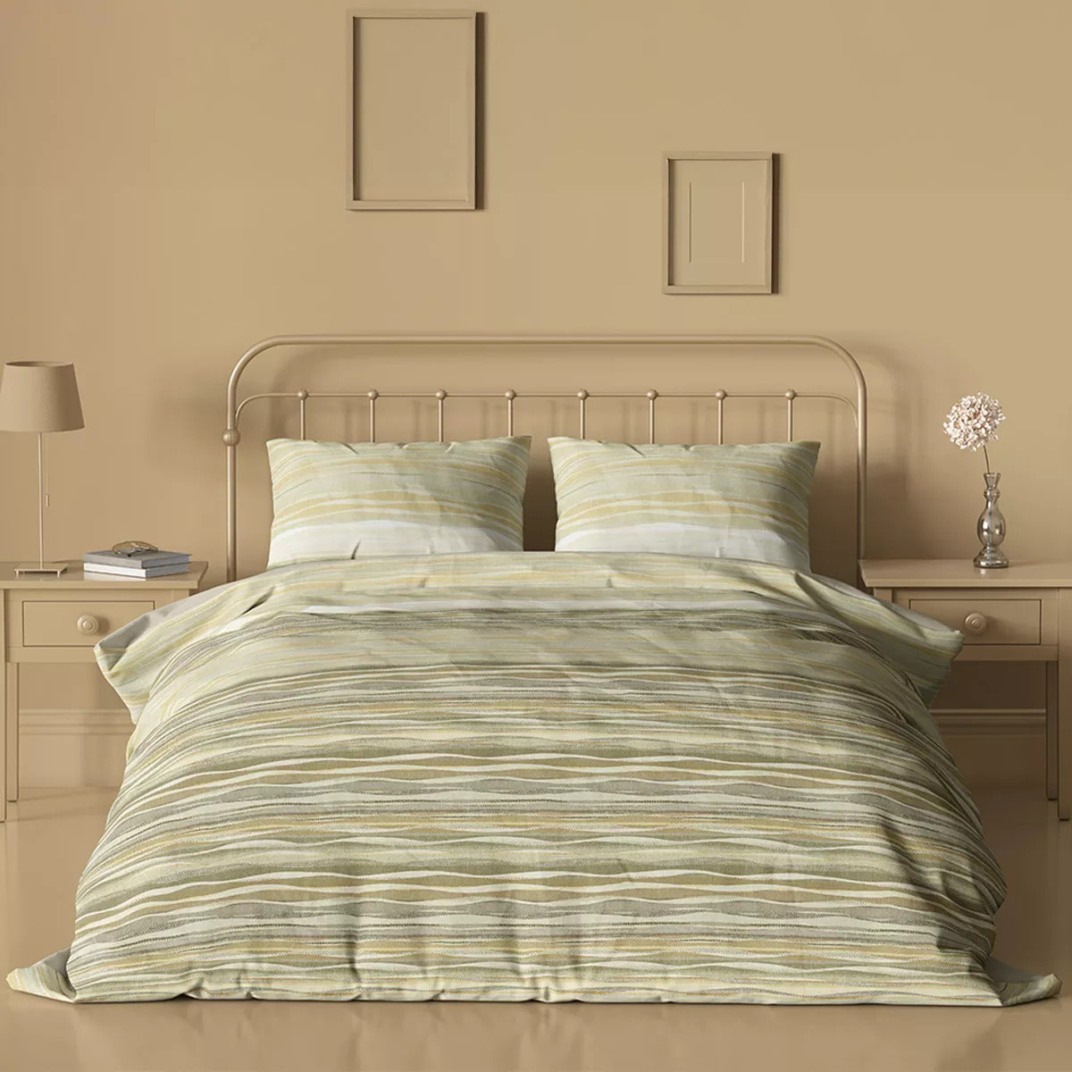 Housse de couette satin de coton imprimé jaune ecru Strates limoni