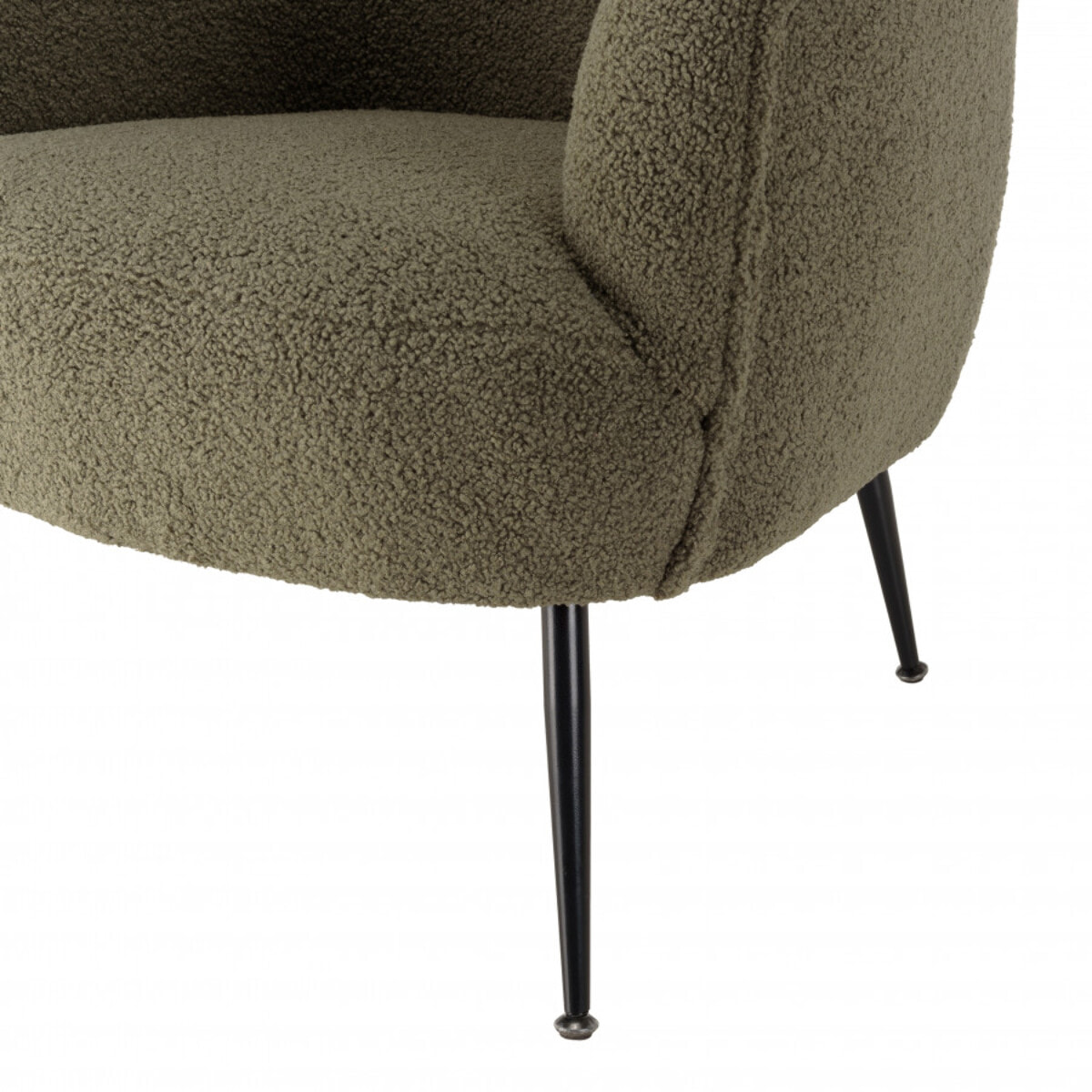 ALBANE - Fauteuil cosy tissu bouclette vert kaki pieds métal noir