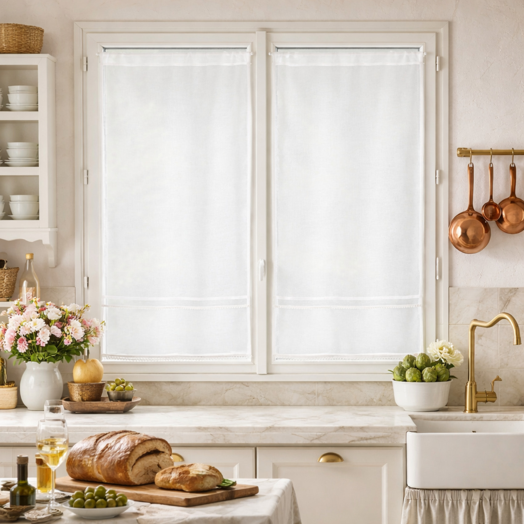 Paire voilages blanc frise dentelle élégante - Blanc