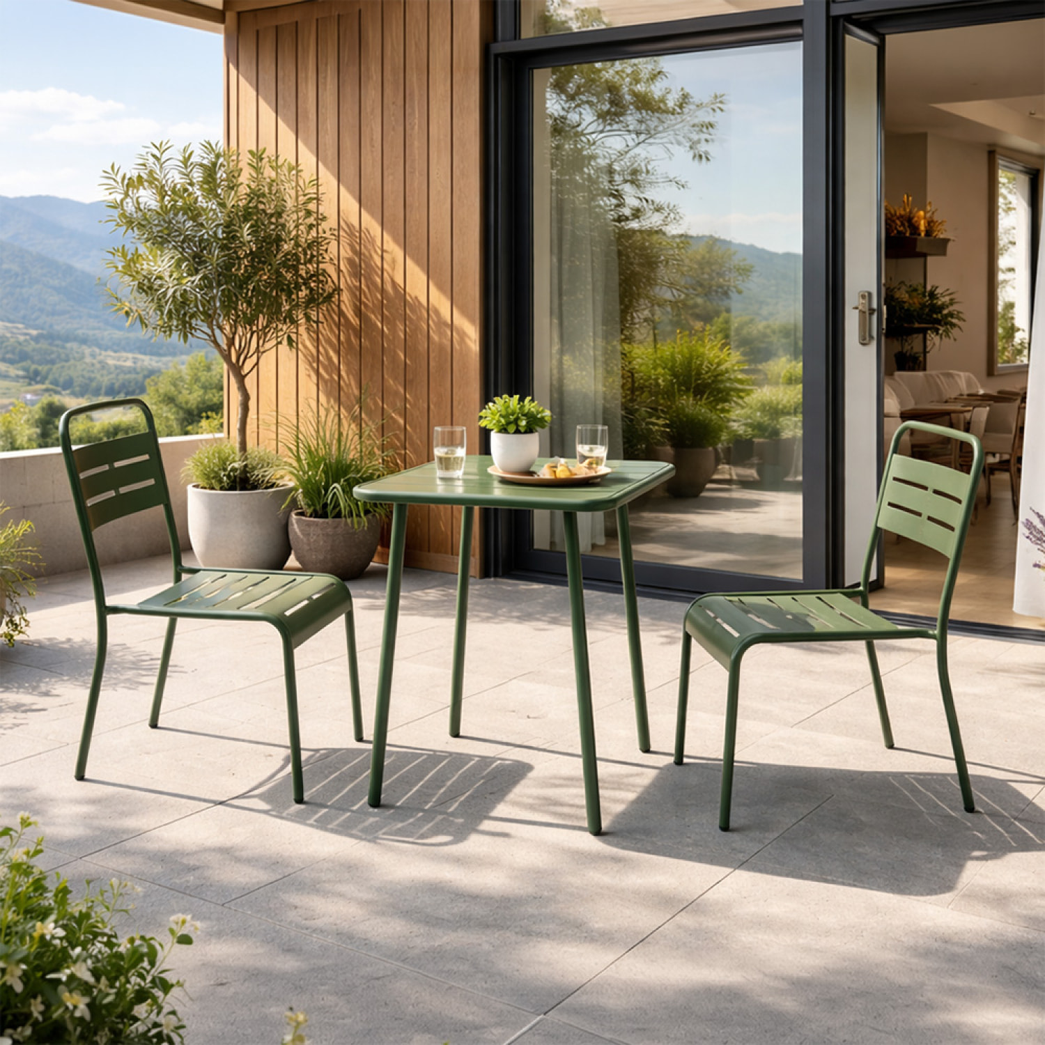 Ensemble table de jardin carrée 50cm et 2 chaises vert EVORA