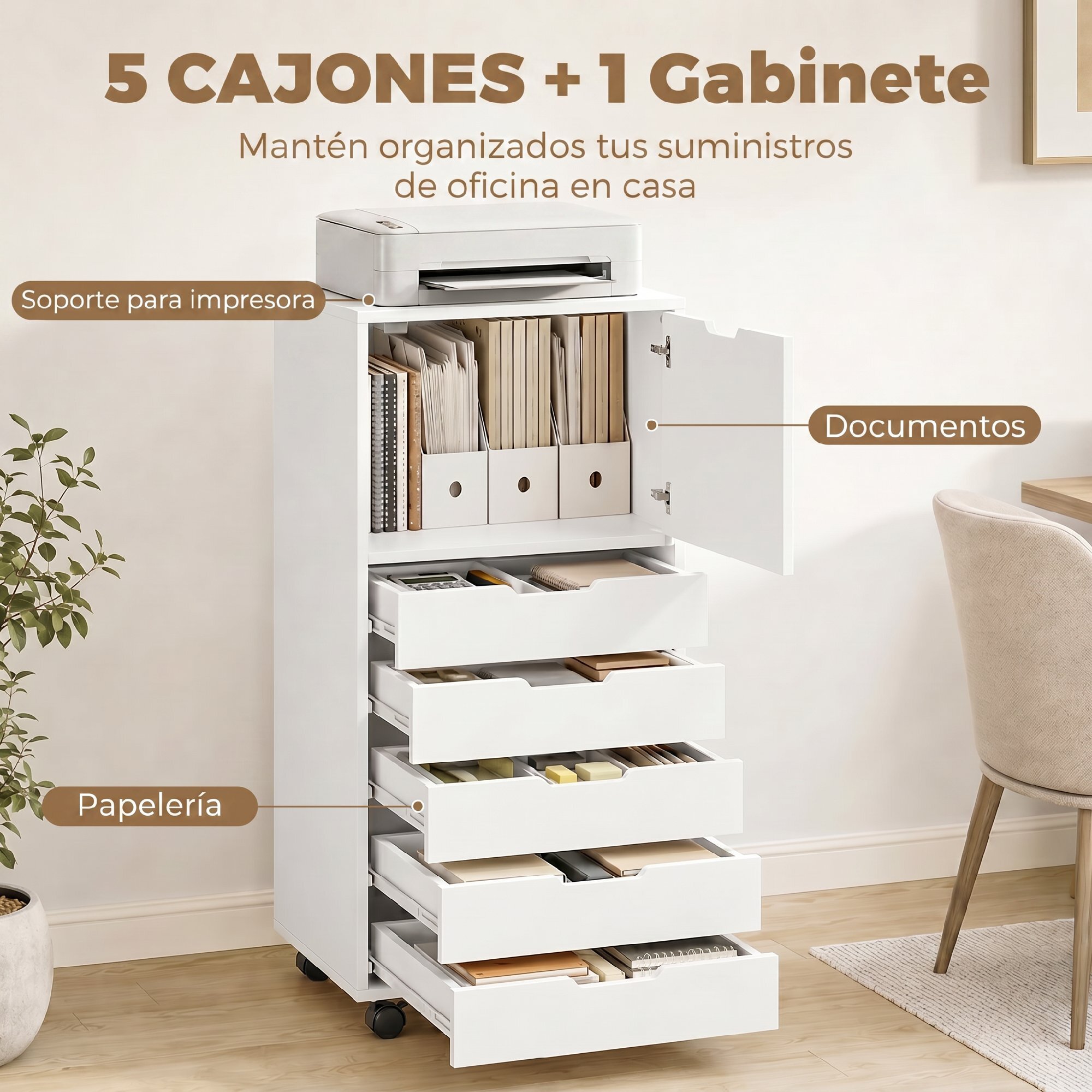 Cajonera Escritorio con 5 Cajones, Cajonera de Oficina con Ruedas y Armario con Cierre Suave, Soporte para Impresora, Mueble Archivador para Oficina en Casa, Blanco