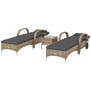 Lot de 2 bains de soleil inclinables tout confort avec table d'appoint résine tressée beige