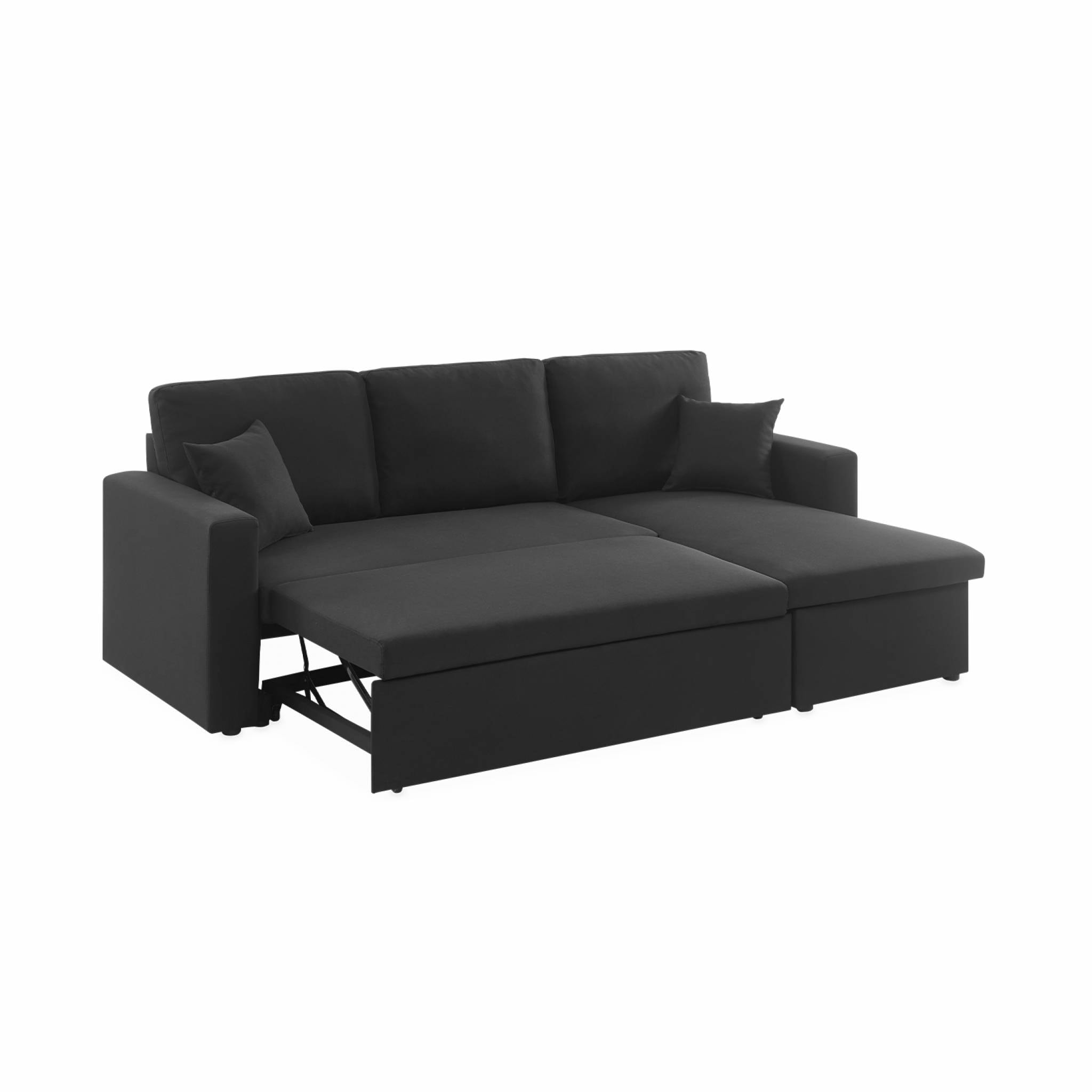 Canapé d'angle convertible en tissu noir - IDA - 3 places. fauteuil d'angle réversible coffre rangement lit modulable