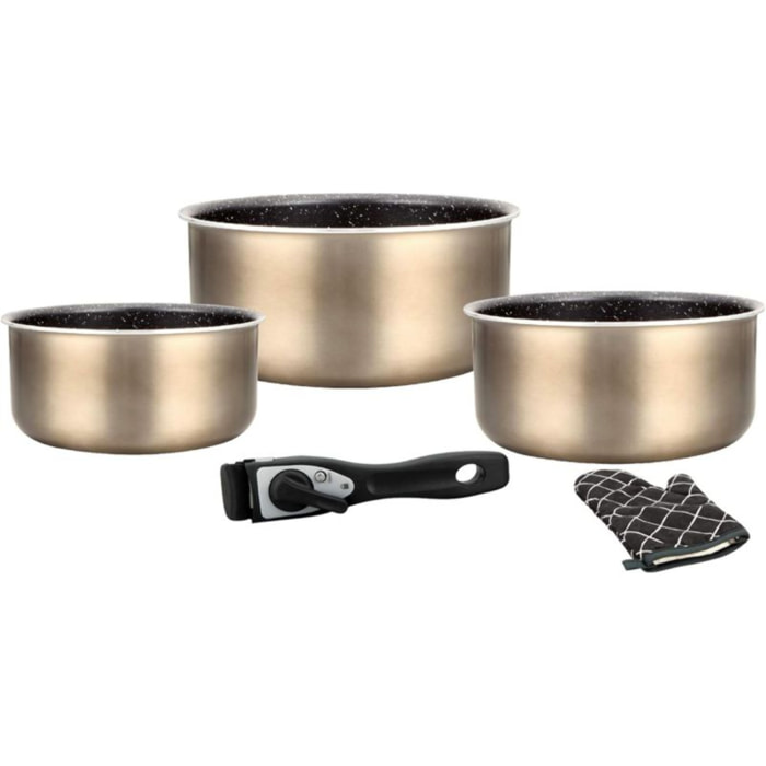 Batterie de cuisine revêtement pierre avec manche amovible 5 pièces Carbone Herzberg HG8051-CAR