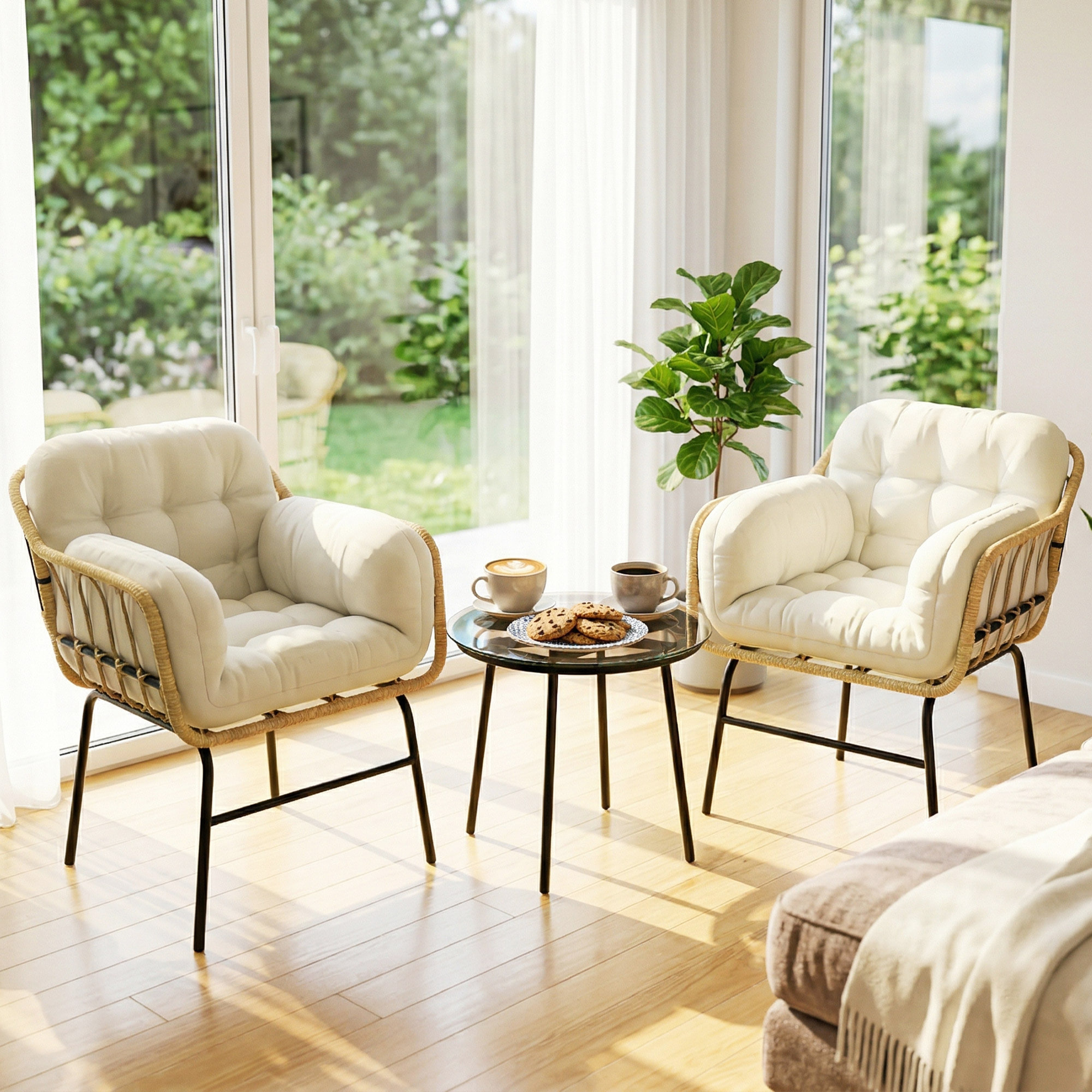 Conjunto de Jardín Exterior de 3 Piezas, Muebles Jardín Exterior de Ratán PE, 2 Sillas con Cojines Suaves y Mesa de Vidrio Templado, Resistente a la Intemperie, para Balcón, Patio, Caqui