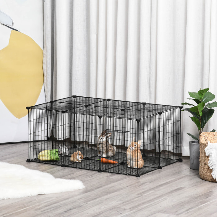 Parque para Mascotas DIY Jaula para Animales Pequeños de 22 Paneles de Malla Metálica con Puerta Conejos Cobaya 105x70x45 cm Negro