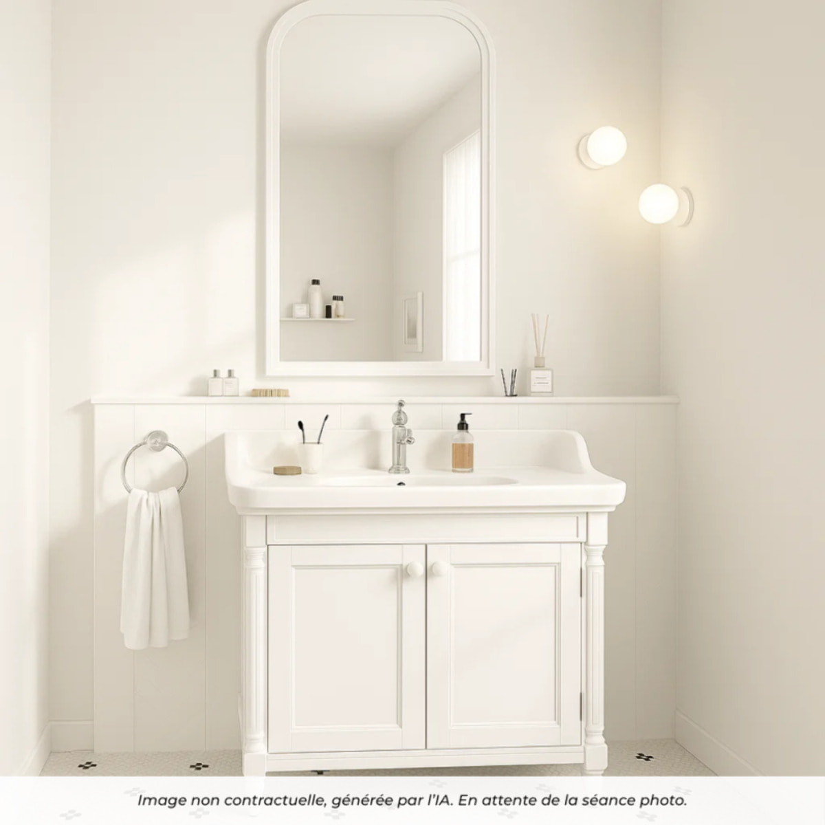 Pack meuble vasque Cléo 1889 blanc velours + colonne gauche + miroir + mitigeur or