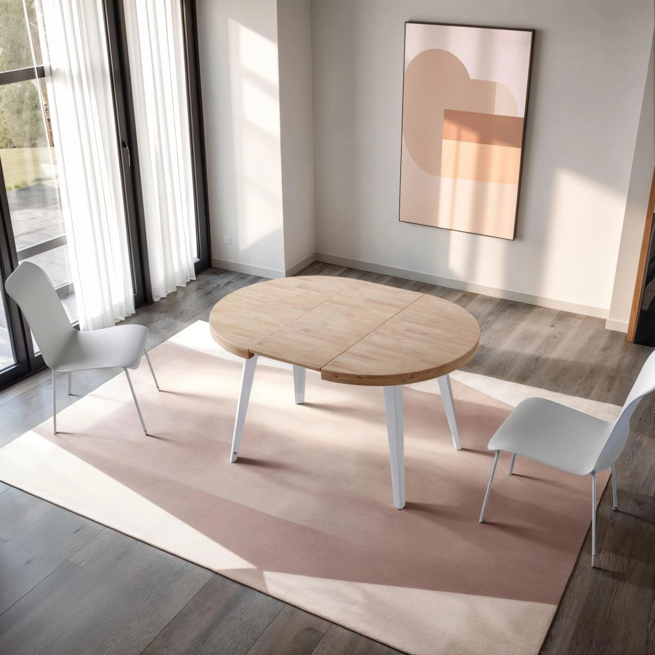 Mesa de comedor redonda extensible en blanco y roble 120-200x120 cm Berg Blanco - Roble