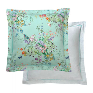 Taie d'oreiller satin de coton 115 g/m² imprimé bleu vert Le printemps azur