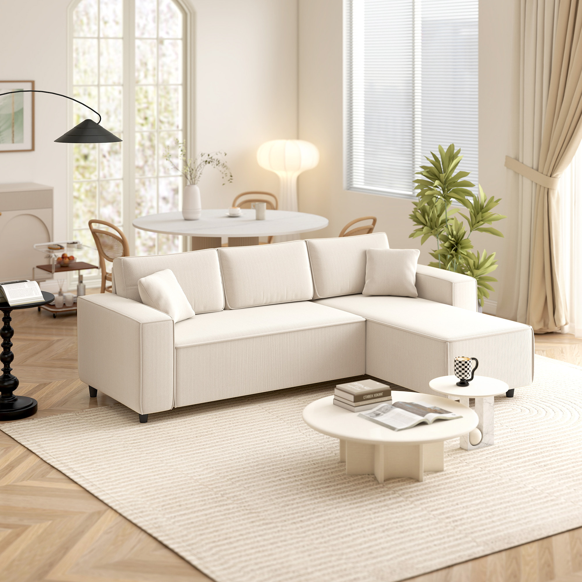 Canapé d'angle réversible 3 places velours côtelé avec 2 coussins crème