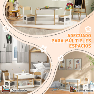 Juego de Mesa y 2 Sillas Infantiles Mesa con Sillas para Niños 2 en 1 con Pizarra Cajones de Tela y Espacio de Almacenamiento para Guardería Sala de Juegos Blanco y Natural