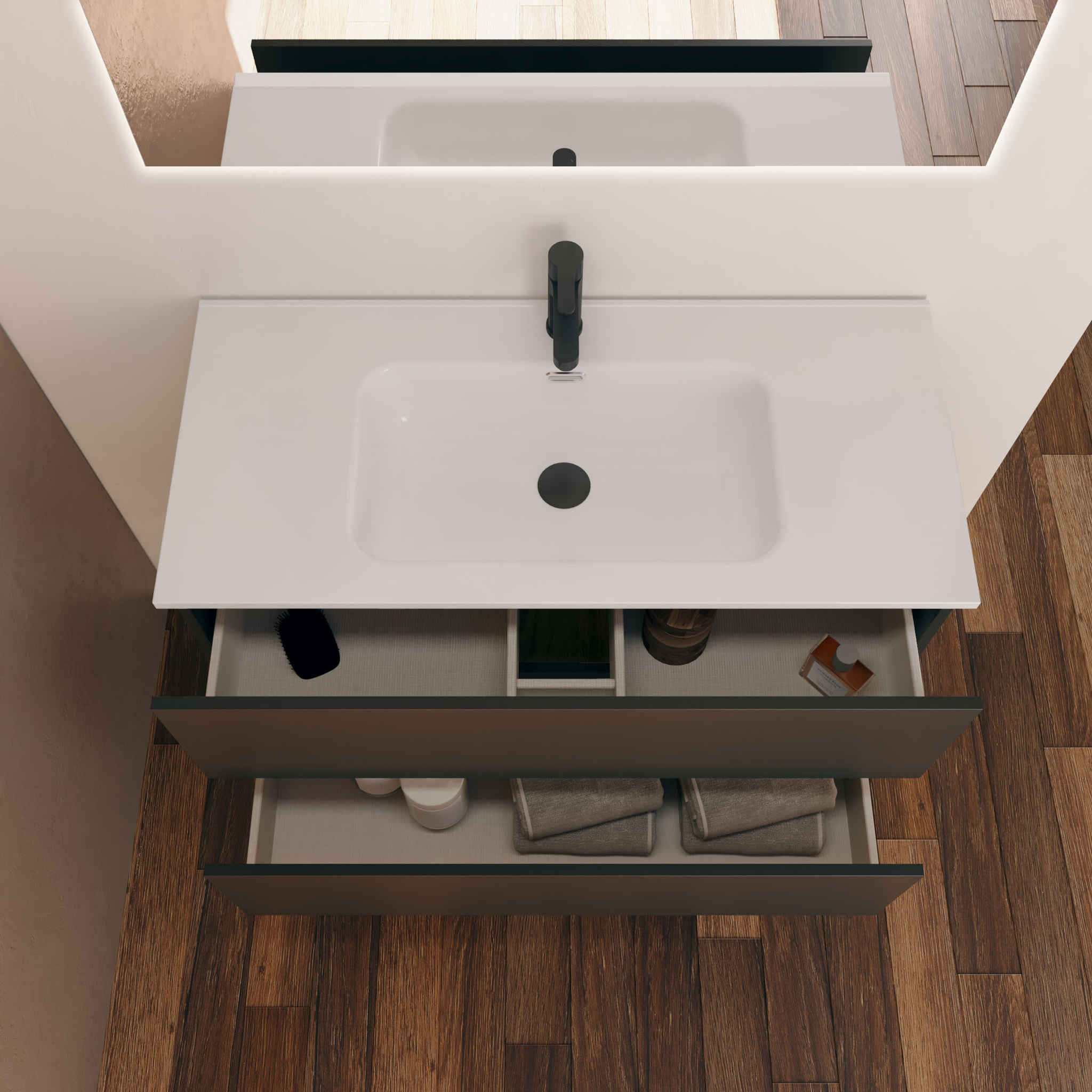 Ensemble Salle de Bain Kaji | 60 cm Noire | Deux Tiroirs | Lavabo Encastré| N'inclut pas le Miroir | Alday