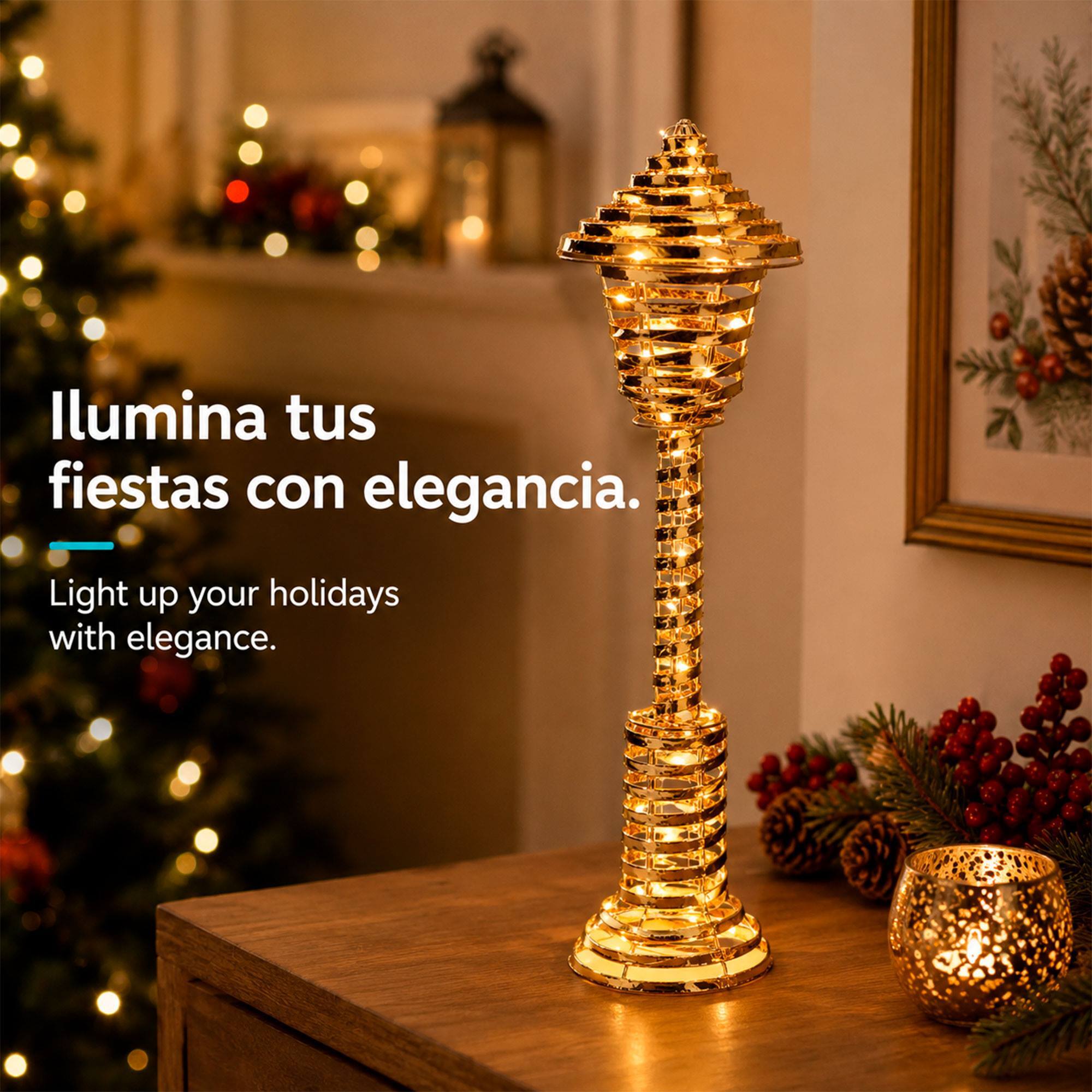 Farola navideña led dorada con 40 microled blanco cálido, con temporizador 12x12x57 cm