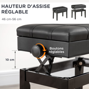 Banquette tabouret siège pour piano coffre intégré hauteur réglable bois hévéa assise revêtement synthétique noir