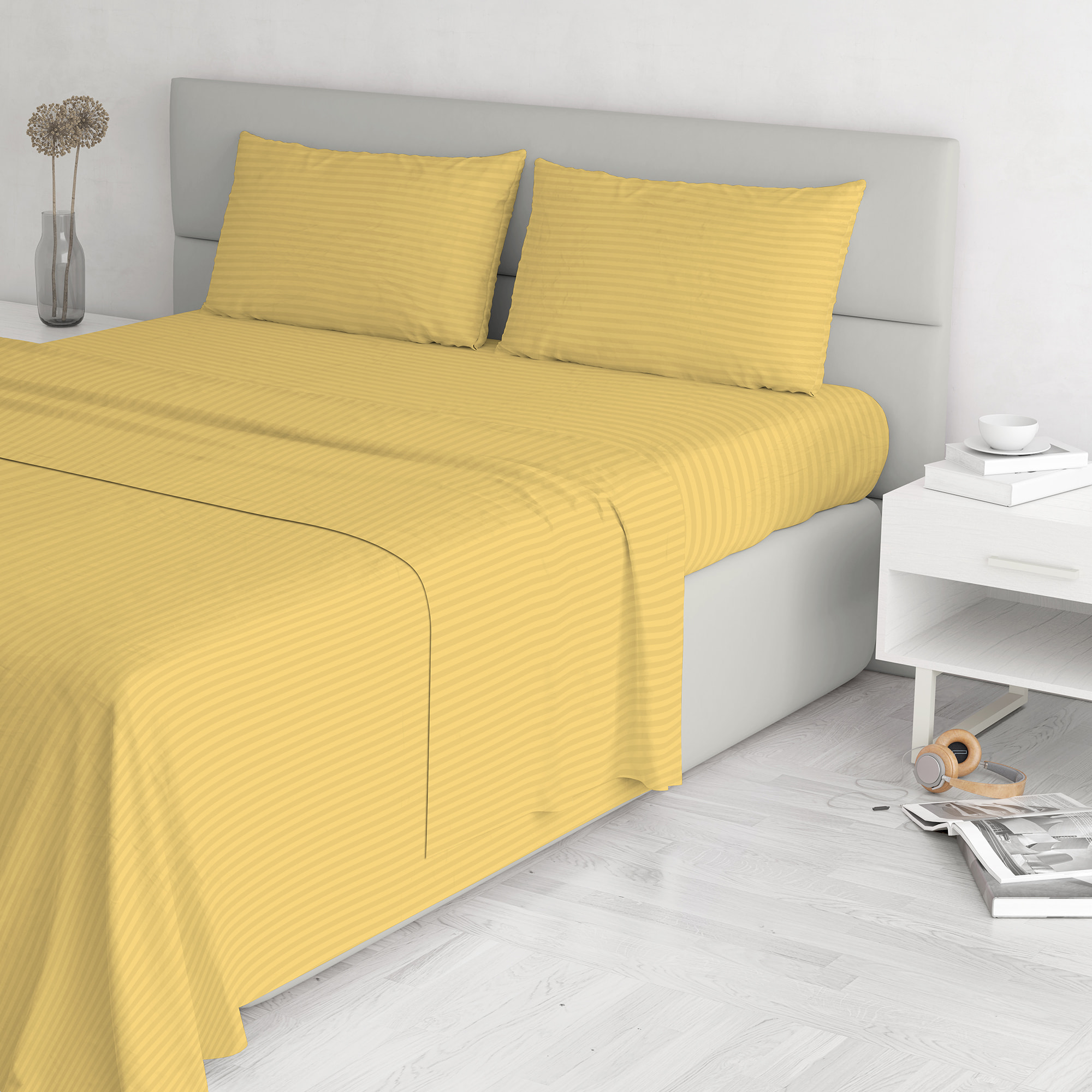 COMPLETO LETTO SATIN STRIPES, 100% Raso di Poliestere, Tinta Unita, Made in Italy - GIALLO