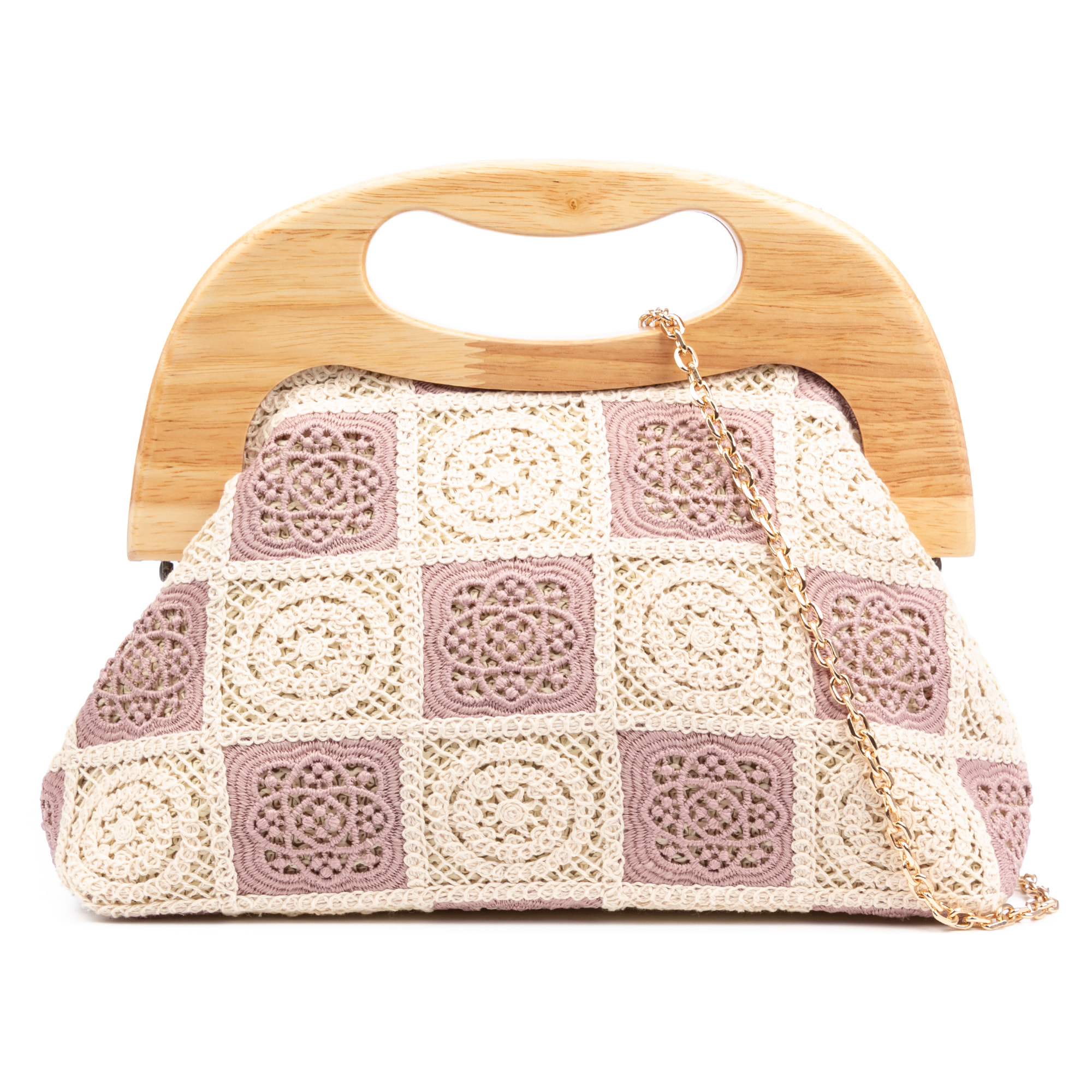 Barbaira Bolso de mano Mujer. Fabricado en madera natural y algodón.
