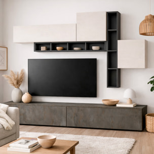 Parete Attrezzata Soggiorno Con Librerie Basi A Ribalta Pensili Push-Pull Mobile TV Moderno Reversibile 200 x 276 x 39.6 Cm Grafite Ossidata E Bianco