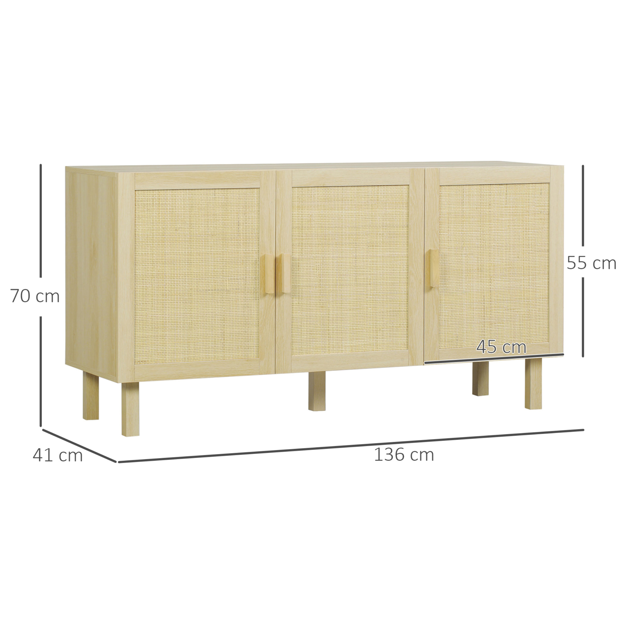 Aparador 3 Puertas de Rejilla de Ratán Aparador para Salón Nórdico con Estantes Ajustables para Comedor Entrada Dormitorio Natural 136x41x70 cm