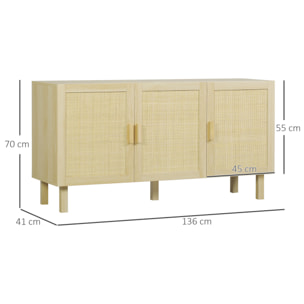 Aparador 3 Puertas de Rejilla de Ratán Aparador para Salón Nórdico con Estantes Ajustables para Comedor Entrada Dormitorio Natural 136x41x70 cm