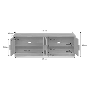 Meuble TV exotique 4 portes effet bois de manguier. poignées en métal doré L 140 x P 40 x H 48cm