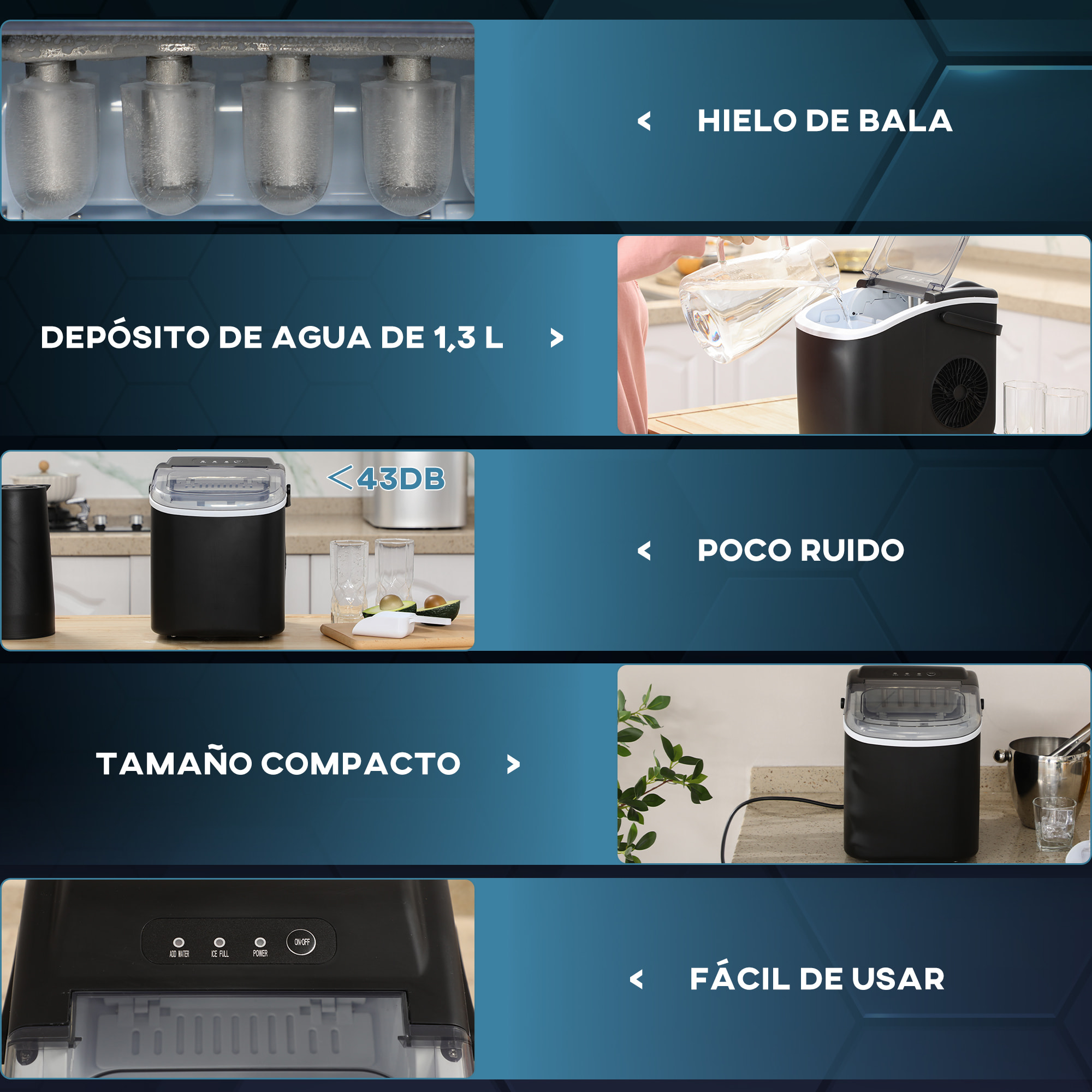 Máquina para Hacer Hielo Silenciosa Máquina de Hielo Doméstico 12 Kg en 24 Horas 9 Cubitos en 6-12 Minutos Depósito de Agua 1,3 L con Cuchara y Canasta 22,2x29,4x29 cm Negro