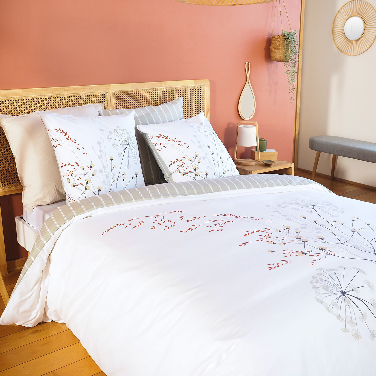 Parure housse de couette imprimé 100% coton - soliflore - blanc