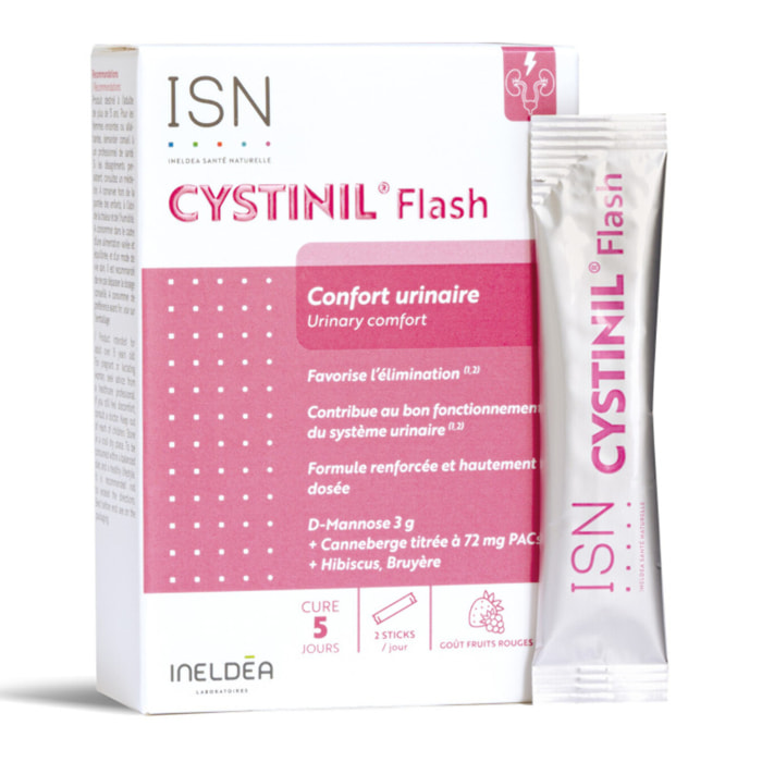 ISN - Cystinil Flash - Complément alimentaire à base de Cranberry, Hibiscus, Bruyère - Améliore le confort urinaire - Etui de 10 sticks - Cure 5 jours