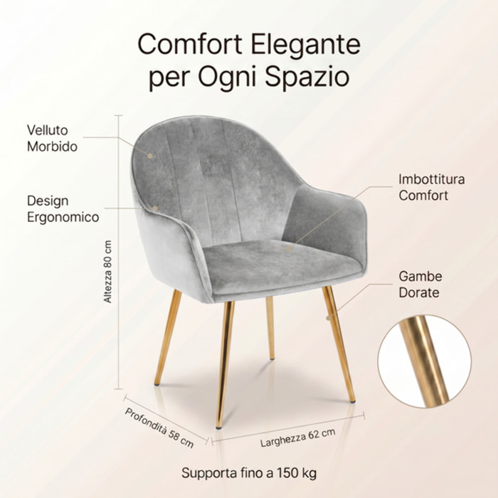 Set 2 poltrone in velluto con gambe oro, sedie imbottite design elegante e moderno, struttura in legno con schienale e seduta confortevoli, rivestimento effetto velluto morbido, ideali per soggiorno camera e ufficio, stile raffinato
