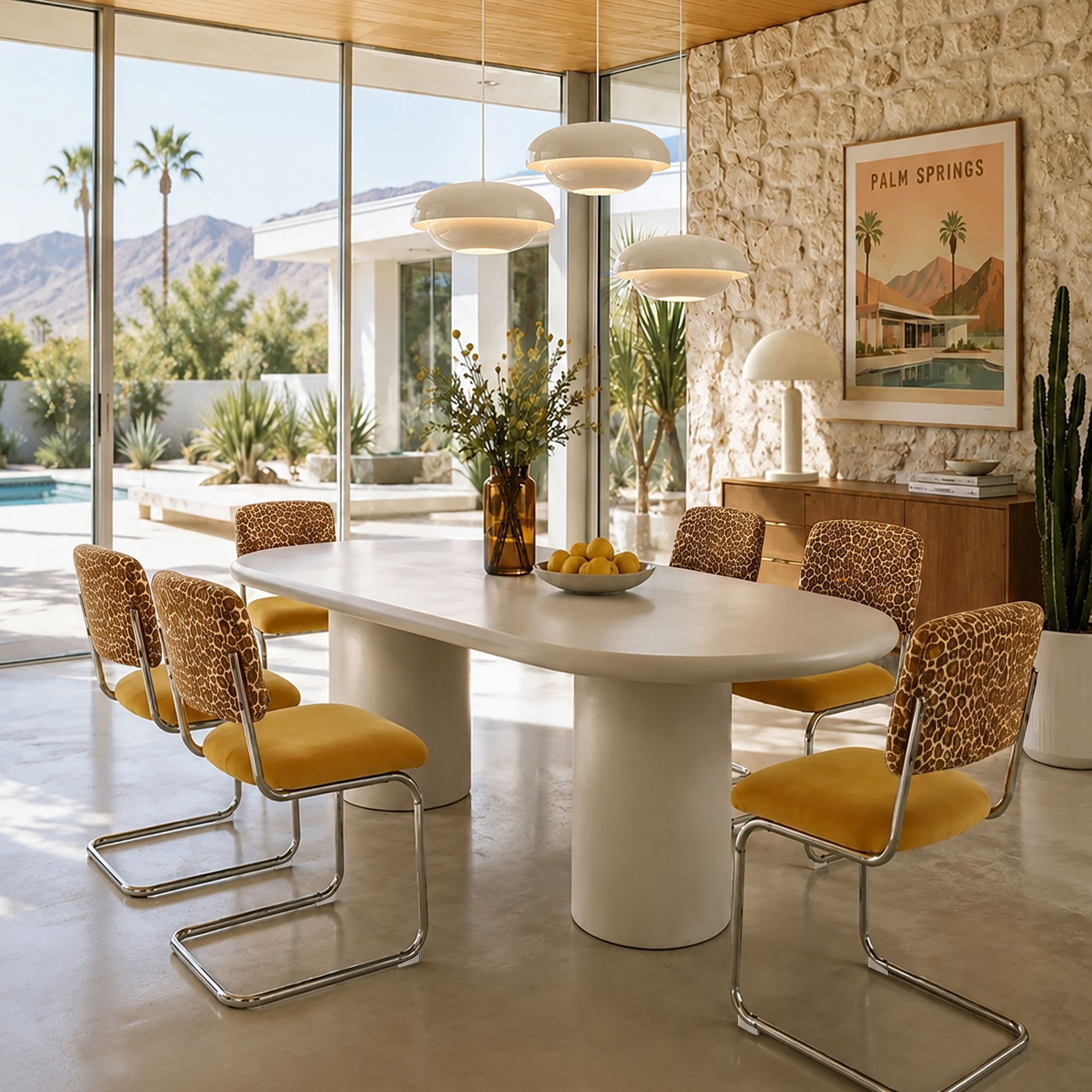 Ensemble table ovale 220cm et 6 chaises en tissu léopard safran FELINE