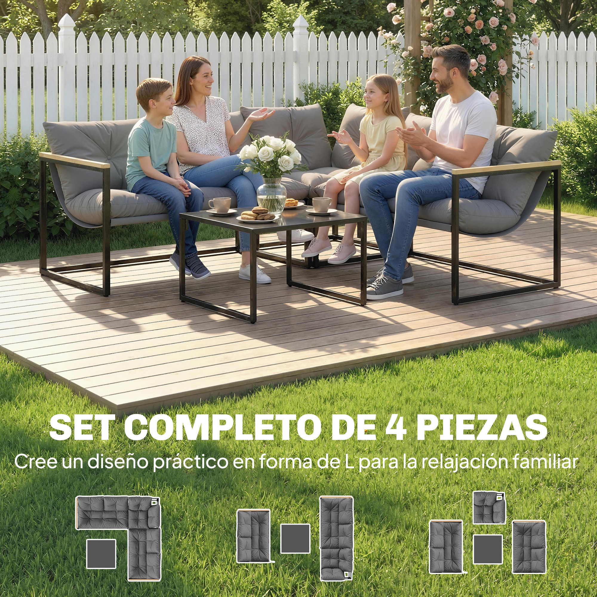 Conjunto de Muebles Jardín Exterior de 4 Piezas, Sofá Exterior Seccional Resistente Forma de L con Cojines Gruesos, 2 Sofás de 2 Plazas, Sofá de Esquina y Mesa Centro de Vidrio Templado, Gris