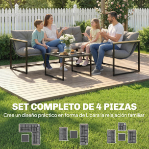 Conjunto de Muebles Jardín Exterior de 4 Piezas, Sofá Exterior Seccional Resistente Forma de L con Cojines Gruesos, 2 Sofás de 2 Plazas, Sofá de Esquina y Mesa Centro de Vidrio Templado, Gris