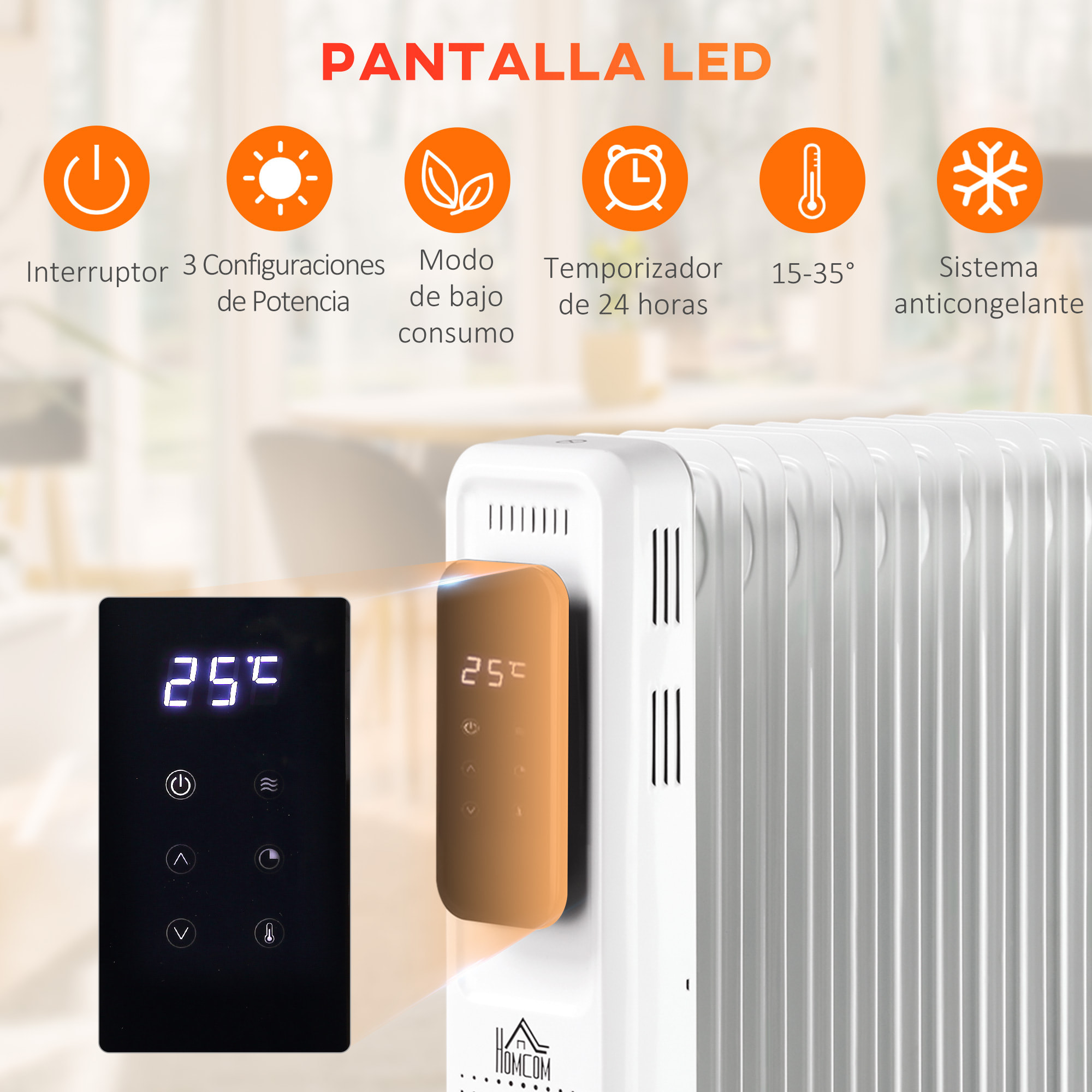 Radiador de Aceite 2180W 3 Modos de Calefacción con 9 Elementos Pantalla LED Control Táctil Termostato Temporizador 24H y Ruedas Bajo Consumo 20 m² 42,5x24x63 cm Blanco