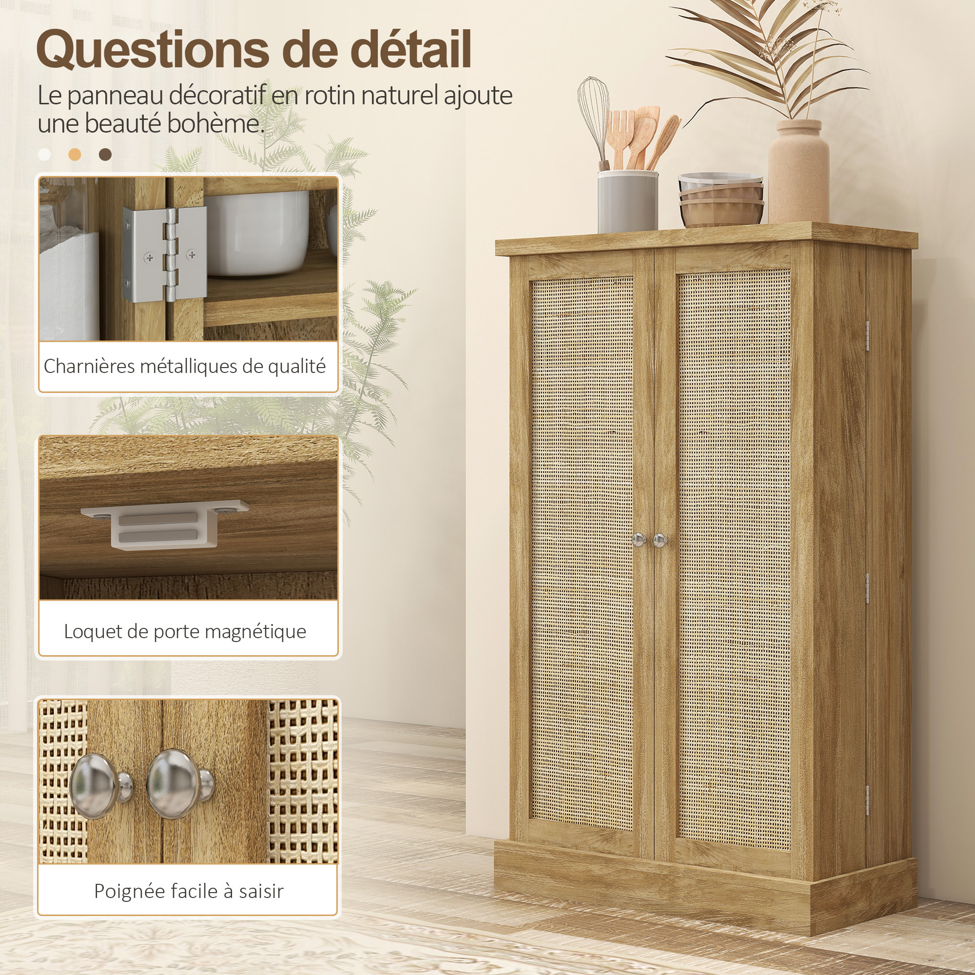 Armoire de cuisine rangement épices 2 portes 4 étagères 12 porte-épices dim. 60 x 30 x 104 cm rotin effet bois