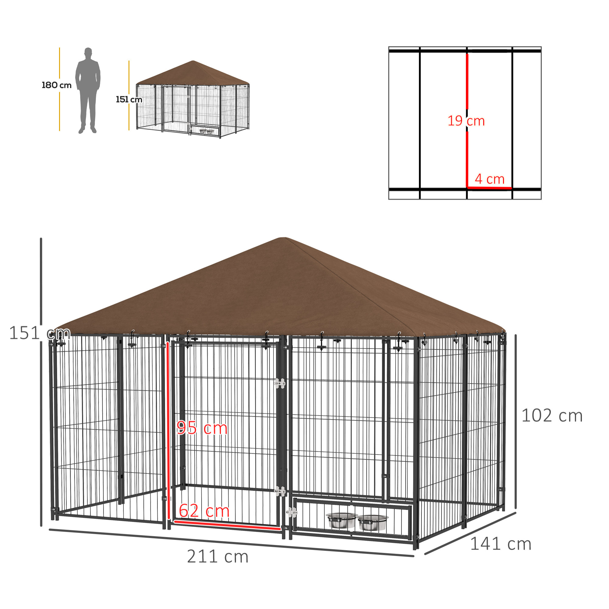 Chenil extérieur couvert pour chien 2 supports gamelles rotatifs porte verouillable acier noir